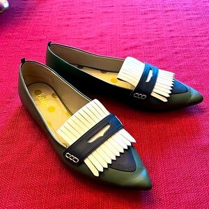 Boden | Bea Fringe Flats | Broad Bean/Navy | Size 38